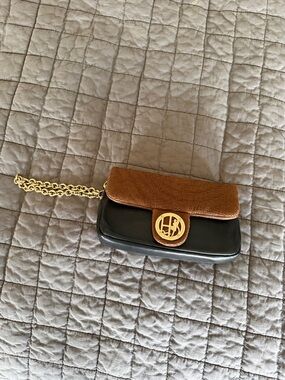 Two-Tone Black and Brown Leather Chain Wristlet Bag with Gold-Tone Emblem
